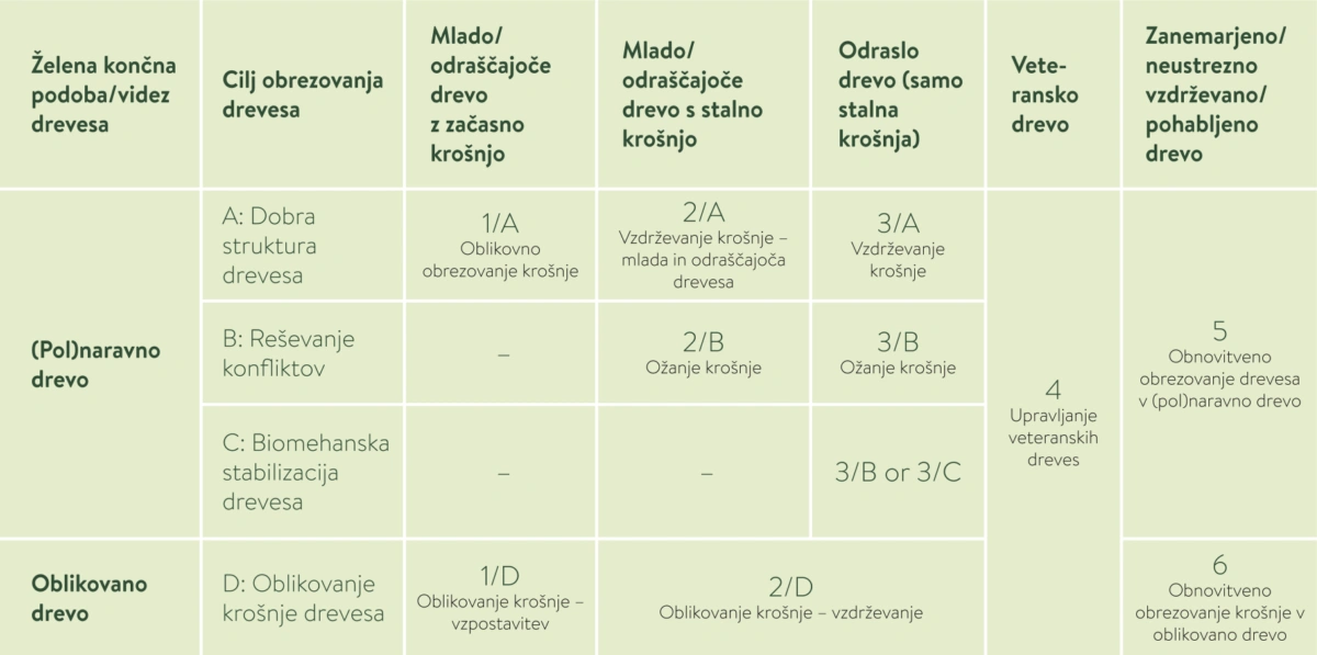 matrika omogoča natančno določitev časa in tehnike obrezovanja dreves